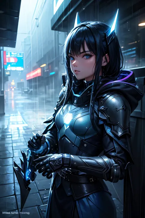 (Ultra detailed:1.3),(grainy:0.8), natural blue lighting, futuristic city, (raining:1.3), (dark:1.3), (fog:1.2), blue lights, neon lights, japanese girl, cape with hood, light logo, [cyberpunk clothing:torn fabric:0.35], blue lights, neon lights, menacing,...