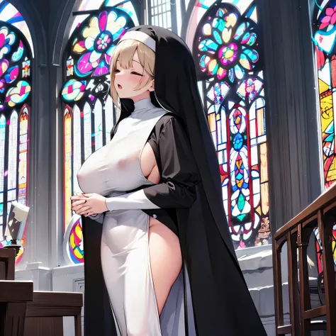 solo 1 praying num standing in church, praying with holding hands together, long (black sheer nuns robe:1.2), wearing nothing under (black nuns robe), (huge breasts:1.2), black (sheer long skirt), inconceivably thin waist, closing eyes, nose blush, open mo...