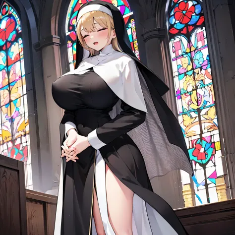 solo 1 praying num standing in church, praying with holding hands together, long (black sheer nuns robe:1.3), wearing nothing under (black nuns robe), (huge breasts:1.2), black (sheer long skirt), inconceivably thin waist, closing eyes, nose blush, open mo...