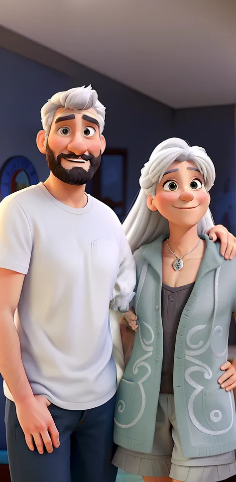 Estilo Pixar, casal, gray-haired man with a beard and in a white shirt and a white-haired woman hugging each other in the new year, alta qualidade