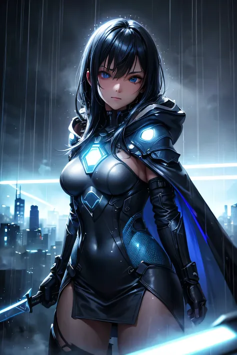 (Ultra detailed:1.3),(grainy:0.8), natural blue lighting, futuristic city, (raining:1.3), (dark:1.3), (fog:1.2), blue lights, neon lights, japanese girl, cape with hood, light logo, [cyberpunk clothing:torn fabric:0.35], blue lights, neon lights, menacing,...