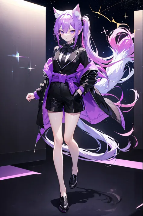 masterpiece, best quality, full body portrait, (single: 1.3), (only one person: 1.3), a girl with cat ears and a tail, cute and fluffy, purple hair with gradient effect, shiny and smooth, double ponytails, eyes with stars, sparkling and dreamy, (tied a spo...