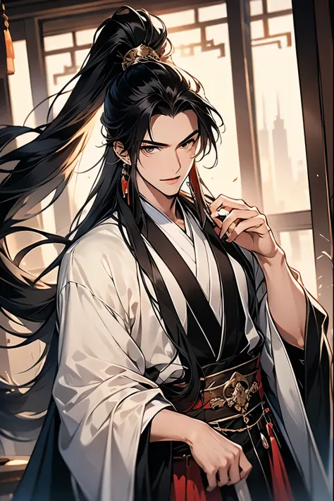 Best quality at best,A high resolution,The image is clear:1.2，A man in a black Hanfu，Bad smile Hanfu，the only person，，Long black hair and high ponytail，asian architecture interior，Chinese furniture，Pink gauze curtain，Carved