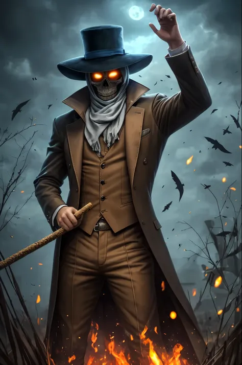 Spooky male scarecrow, made of straw, wearing an old spooky top hat. Arms raised, reaper, death,, skull face, scary, dark ambience, cemitery, action pose, dark blue eyes, blue fire --auto --s2