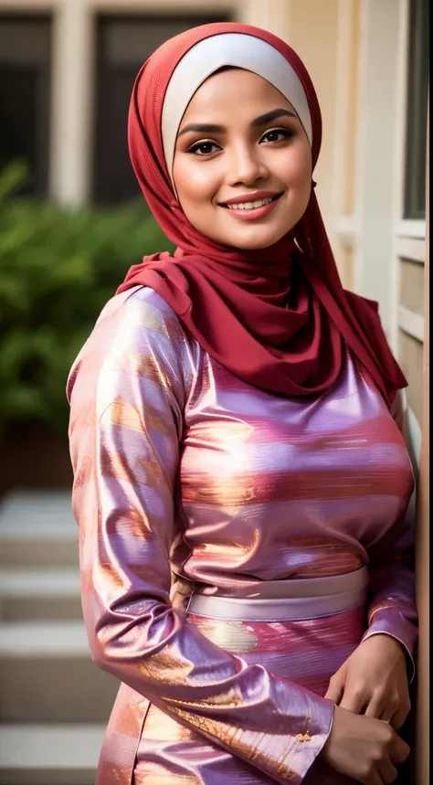 RAW, Best quality, high resolution, masterpiece: 1.3), beautiful Malay woman in hijab,Masterpiece, perfect  fit body, ((Huge breast)), biggorgeous eyes, Soft smile, slim waist, muslim woman in a plain long sleeve shirt and hijab posing for a picture, hijab...