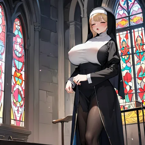 solo 1 praying num standing in church, praying with holding hands together, long (black sheer nuns robe:1.3), wearing nothing under (black nuns robe), (huge breasts:1.2), black (sheer long skirt), inconceivably thin waist, closing eyes, nose blush, open mo...