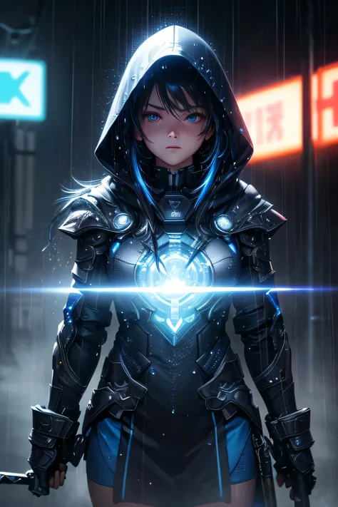 (Ultra detailed:1.3),(grainy:0.8), natural blue lighting, futuristic city, (raining:1.3), (dark:1.3), (fog:1.2), blue lights, neon lights and japanese girl, cape with hood, light logo, [cyberpunk clothing:torn fabric:0.35], blue lights, neon lights, menaci...