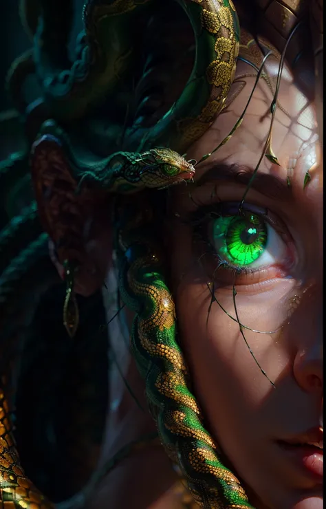 ((best quality)), ((masterpiece)), ((realistic)), Medusa, full body, the hair is composed of countless small snakes, green eyes, female face, metal carved top, royal aura, trend on artstation , sharp focus, studio photo, intricate detail, very detailed, de...