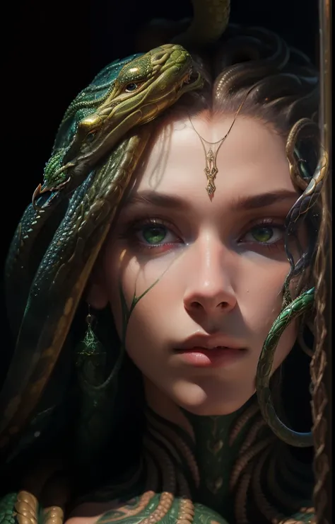 ((best quality)), ((masterpiece)), ((realistic)), Medusa, full body, the hair is composed of countless small snakes, green eyes, female face, metal carved top, royal aura, trend on artstation , sharp focus, studio photo, intricate detail, very detailed, de...