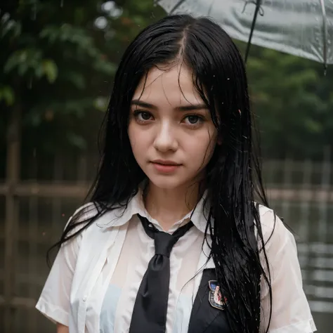 1girl in, Long Black Hair,Schoolgirl Uniform, Shy, blush, Wet, Rain, Transparent, (masutepiece, Best Quality), Soft light, Cinematic composition, Cinematic Light