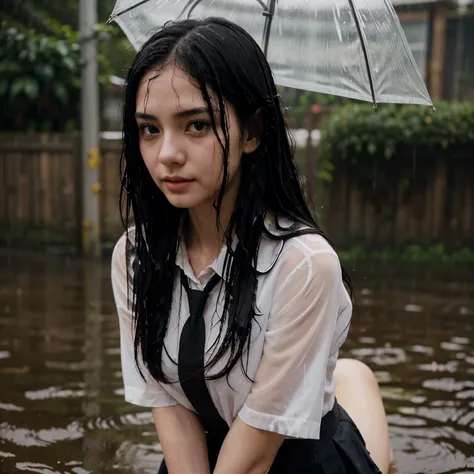 1girl in, Long Black Hair,Schoolgirl Uniform, Shy, blush, Wet, Rain, Transparent, (masutepiece, Best Quality), Soft light, Cinematic composition, Cinematic Light、undergarment、undergarment、undergarment姿、undergarment、Erotic Woman