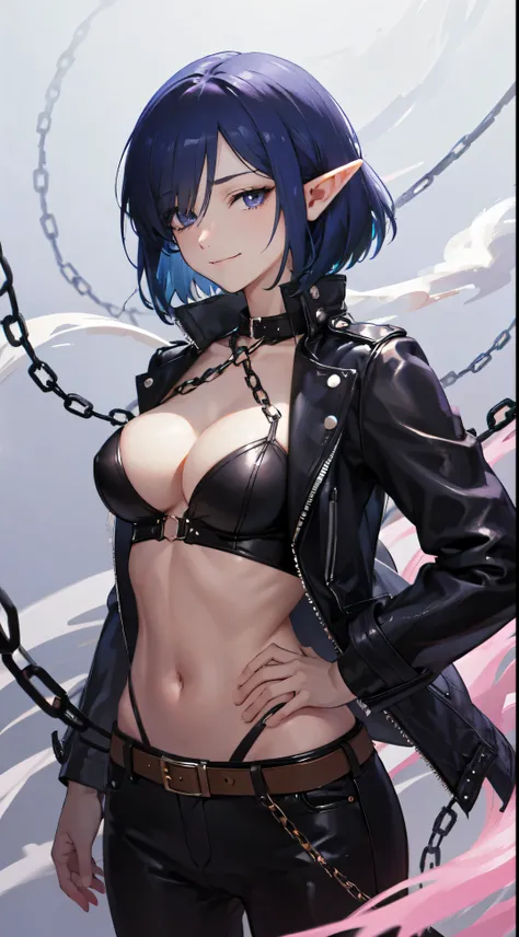 (Masterpiece),(beste-Qualit),Highly detailed,Ultra-detailed, chain mythology, (elf), 1girl, 独奏, big breastes, Sweet girl, Bob cut hair, Parted bangs, (hair above one eye), white colored hair, violet eyes, smirk, Black leather jacket with spikes, open belly...