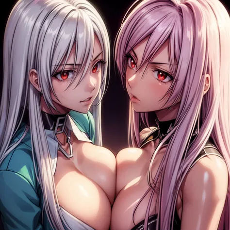 ((two Girl)), 28 years old, The girl on the left has long silver hair and red eyes with slit pupils, Right girl with bright pink hair and green eyes with slit pupils, facing another, mouth to mouth feeding, Left girl with large breasts, Right girl with med...