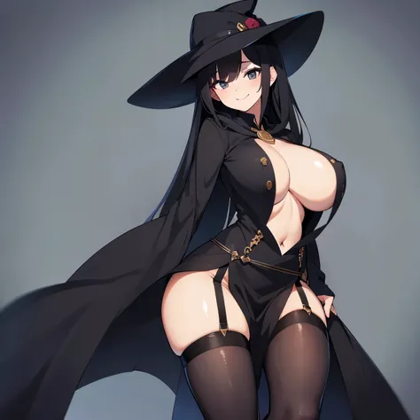 Solo, gigantic breasts, plague doctor robes, breast focus, standing, black hair, black eyes, grey background, front, smiling seductively, black skirt