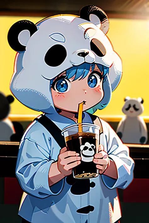 younge boy, a little bit chubby, cute big breasts, and the sun was shining brightly, Drink milk tea from cup, face to the viewer, pandas, style of anime, Blind box toy style, 电影灯光, by Pixar, tmasterpiece, high detal, Best quality at best