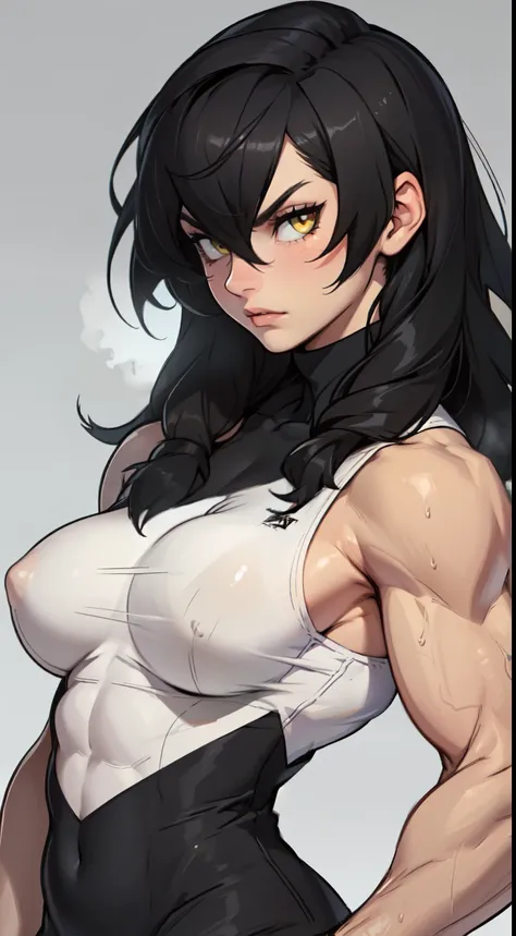 (((((muscular girl thick breasts))))) angry pale skin black hair yellow eyes best quality best quality best quality