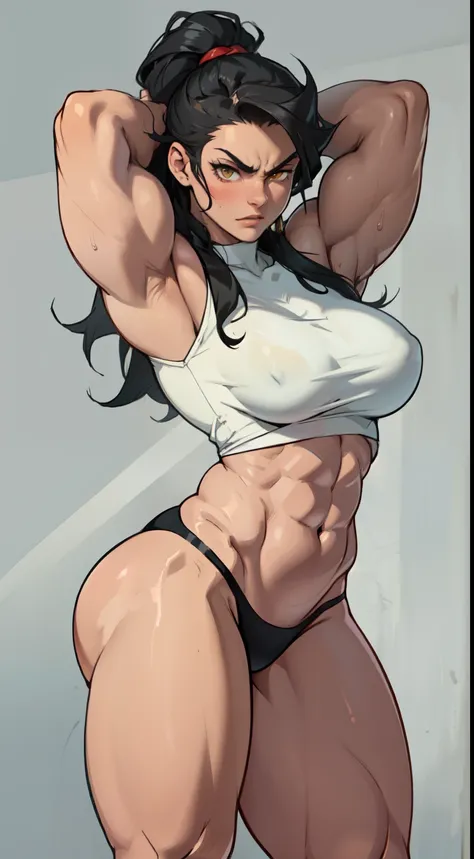 (((((muscular girl thick breasts))))) angry pale skin black hair yellow eyes best quality best quality best quality