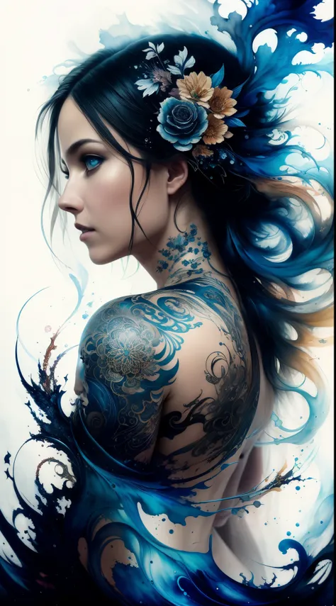 Colorful beautiful woman: Black ink flow: 8k resolution photorealistic masterpiece: by Aaron Horkey and Jeremy Mann: intricately detailed fluid gouache painting: by Jean Baptiste Mongue: calligraphy: acrylic: watercolor art, professional photography, natur...