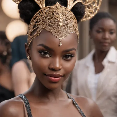 ((Dark African skin, Very deep ebony skin)), ((Its beauty undeniable)), ((Excited cute face)), ((Hyper detailed perfect eyes,)), ((Language output)), ((Seductive)), ((Venetian Masquerade Mask, chic black glitter dress)), ((Afro ponytail with long African c...