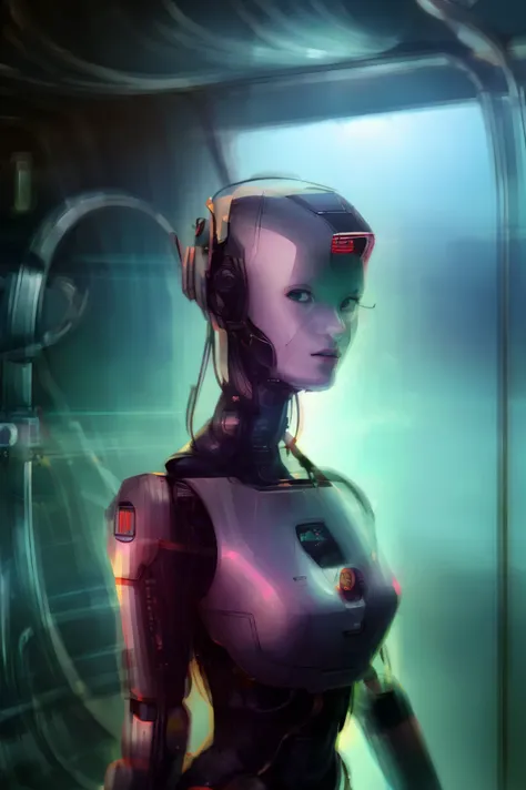 a portrait of robot woman in garage at night, science_fiction