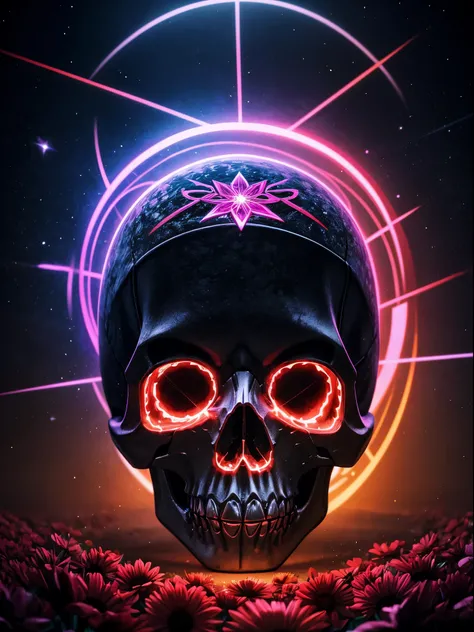 pixelated style,(glowing red,cross-shaped glow,blooming flowers)),interstellar misty background,polished,((silver skull)),light composition,rainbow,rainbow around the skull,vibrant,various structural power effect illustrations,glorious circular composition...