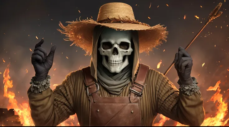 Spooky male scarecrow, made of straw, wearing an old spooky top farm hat. Arms raised tools farm, death,, skull face, scary, dark ambience, cemitery, action pose, dark blue eyes, blue fire --auto --s2