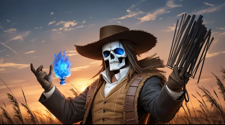 Spooky male scarecrow, made of straw, wearing an old spooky top farm hat. Arms raised tools farm, death,, skull face, scary, dark ambience, cemitery, action pose, dark blue eyes, blue fire --auto --s2