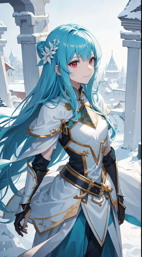 [[[ ultra-detailed, best quality, soft skin, beautiful, 4K]]] cyan hair, hair, red eyes, long hair, tied-up hair, medium hair, full royal plated armor, slim body, dynamic angle, snowy village, princess, small smile. battle maiden