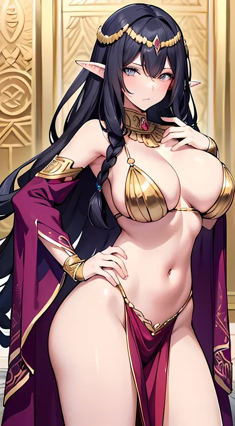 make a beautiful tanned adult woman have elf ears, matured face. long black hair. gold hair accesory, wearing purple sexy long middle Eastern mixed with ancient greece queen outfits, two piece clothes. lots hand shawl. high class woman, wealty, serious exp...