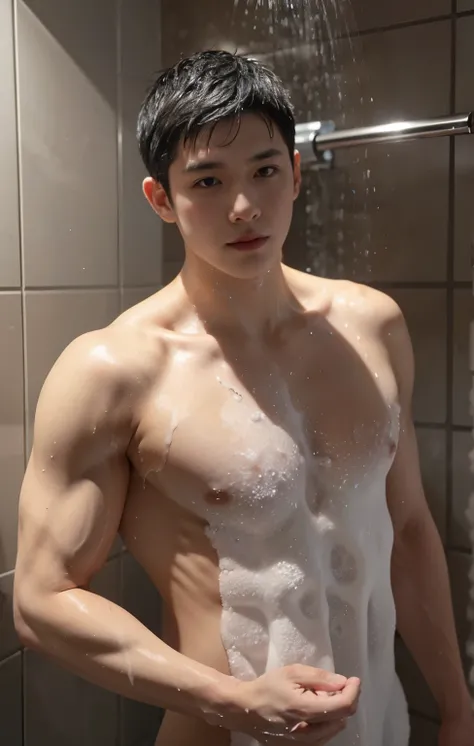 ((Man in the shower, Bubble bath, foamy)), Male, Tik, ,wearing nothing, completely naked，muscular, mature，short detailed hair。frontage