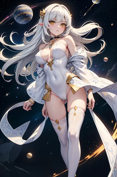 (Very detailed 8K wallpapers), medium plan ,goddess, pale skin, large bright yellow eyes, very long white hair, half naked, transparent clothes, large breast, nice ass,sharp features, pronounced cheekbones, perfect figure, shiny skin, star robe decorated w...