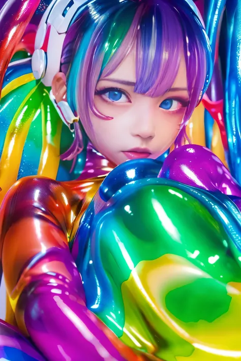 (hight resolution,masutepiece:1.2),Ultra-detailed,(Realistic:1.37),from below, sitting, Chair, Slime Girl,covered in ,vivid colors slime, (partially transparent), (Wet with water), (,vivid colors sweat), Slimy ,vivid colors liquid dripping from her body. H...