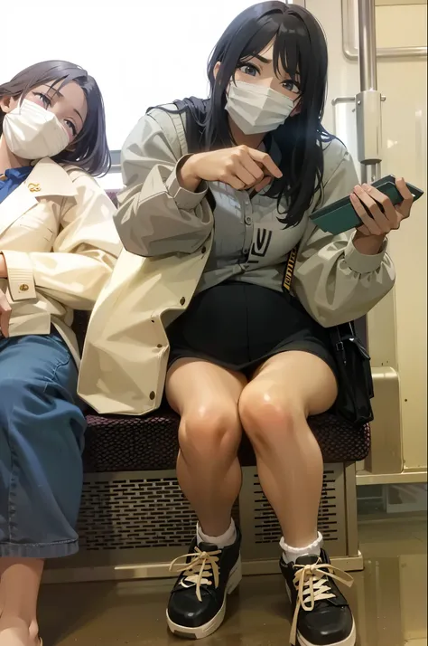 two women sitting on a subway with masks on, crossed legs, legs visible, juicy legs, exposed thighs, exposed thighs!!!, sat down in train aile, small legs, legs crossed, nice legs, uhd candid photo of dirty, けもの, legs, sitting in tokyo, many legs, thick le...