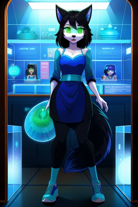 1girl, housewife, wolf anthro, black hair, green eyes, glowing eyes, blue sportswear, glass case, mind-controlled, hypnotized, attention, hollow eyes, 3D Disney style, full body