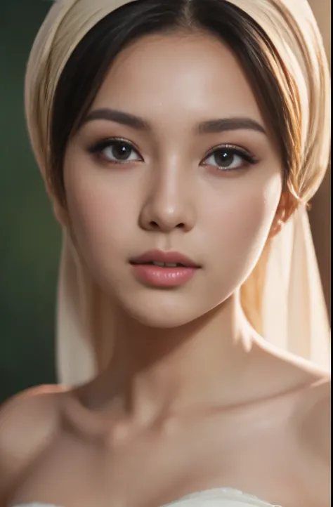 Nude , Porn, (Close-up of the painting style，Ultra HD 8K，Masterpiece grade CG wallpaper)，Cinematic lighting，cute girly，Delicate and beautiful face，Dreamy pupil , round waist,javanese hijabi,Bust, magical, church