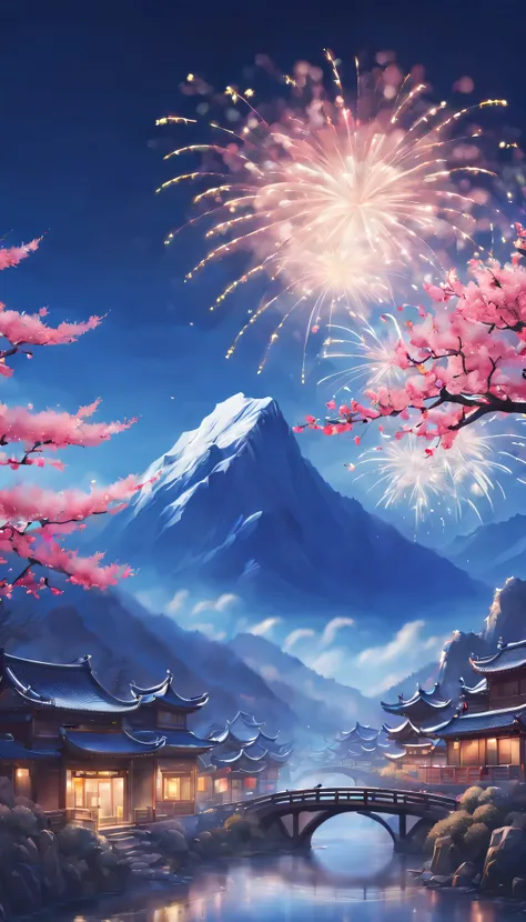 On a cold winter night，A traditional Chinese village is hosting a grand New Year fireworks display。Fireworks bloom in the night sky，Beautiful fireworks formed，It creates a mysterious and unique atmosphere。 The mountain peaks in the picture soar into the sk...