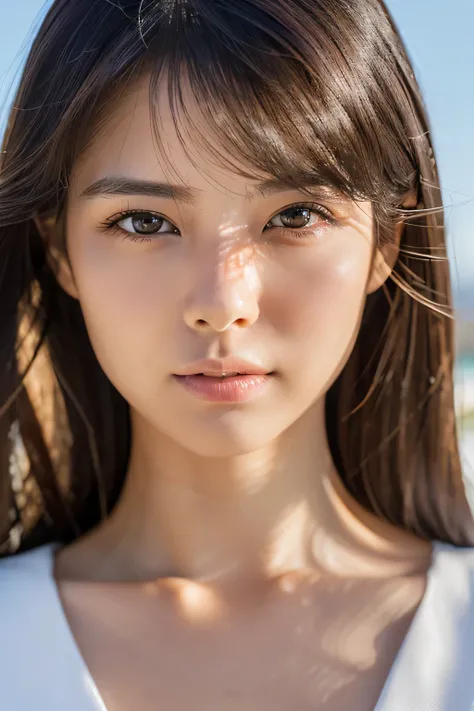 (ighly detailedで高品質なイラストの照明と影の効果, Ultra-realistic), Beach, Young woman with wheat skin color and short bright white hair, Looking at the sea with a pensive expression,muscle, full resolution、foco nítido、RAW Portrait、Photorealsitic、Raw foto、hyperdetailed ph...