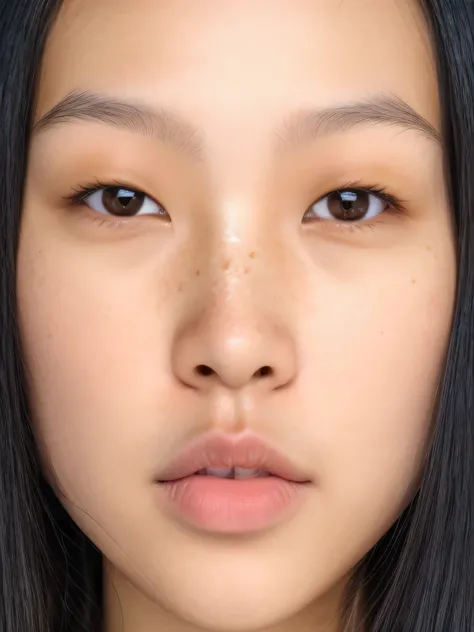 a close up of a young woman with black hair, asian face, small nose, small lips pointy nose, korean face features, detailed face of a asian girl, soft freckles, pale round face, south east asian with round face, small eyes, single eyelids, monolid eyes, wi...