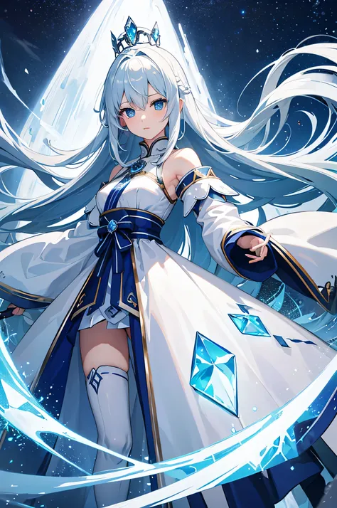 4K,hight resolution,One Woman,white-blue hair,Longhaire,Blue eyes,Knights,氷で出来たKnightsの鎧,Princess tiara,Crystal Sword,Land of Ice