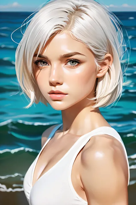 (Very detailed and high quality illustrations),(Best lighting and shadow effects, Ultra-realistic), Beach, Young woman with wheat skin color and short bright white hair, Looking at the sea with a pensive expression,muscle