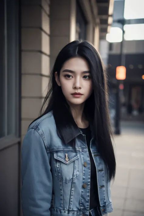 1girl, black hair, hair pulled back, hairclip, cinematic lighting, bloom, dutch angle, award winning, textured skin, perfect face, Natural Makeup, jeans jacket, long hair