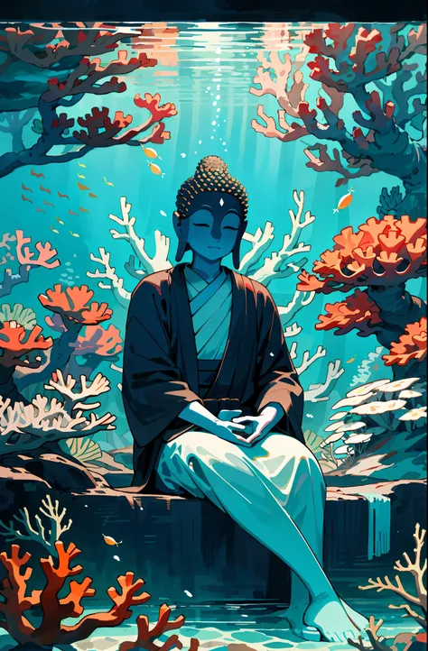 A portrait of Buddha that blends in with its surroundings. , under sea , Sitting posture , Coral , Sea floor , tides , area , fishes , Optical