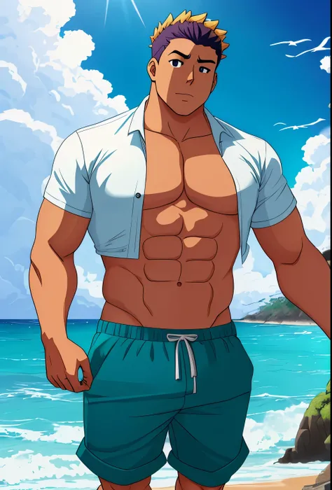 Prompt refinado: anime, praia ensolarada, Amduscias (Housamo), short pant, sem camisa, corpo atletico, hair fluttering in the gentle sea wind, pose confiante, seductiveexpression, olhar intenso direcionado para o espectador.