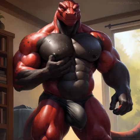 (((solo))), a beautiful and detailed portrait of a huge male feral lizard, reptile (((black body, red skin))), black nipples, buff, black penis, dragon tail, kenket, Ross Tran,ruan jia, trending on artstation,foxovh, cenematic lighting, vip, body, full bod...