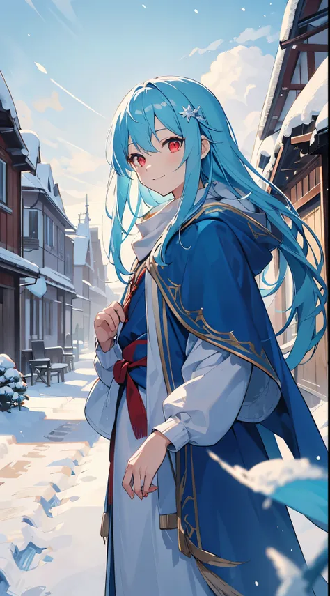 [[[ ultra-detailed, best quality, soft skin, beautiful, 4K]]] cyan hair, hair, red eyes, long hair, tied-up hair, medium hair, plain traveler clothes, blue cloak, slim body, dynamic angle, snowy village, princess, small smile. hairpin