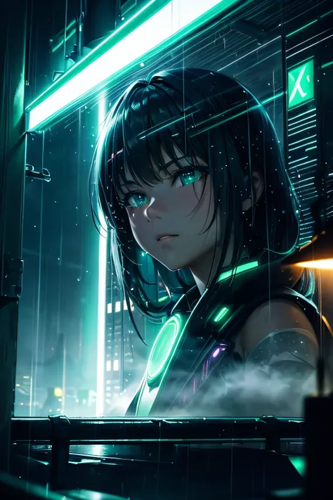 (Ultra detailed:1.3),(grainy:0.8), natural green lighting, futuristic city, (raining:1.3), (dark:1.3), (fog:1.2), green lights, neon lights AND japanese girl, cape with hood, light logo, [cyberpunk clothing:torn fabric:0.35], green lights, neon lights, Mat...