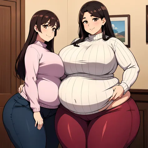 Extremely chubby and thick milf , waist length silky dark hair , big round firm belly, sweater and trousers, soft smile, maternal and caring look, Cute