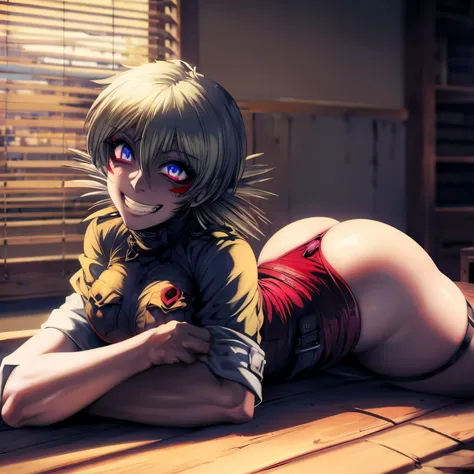 Seras victoria, laying down on table, hellsing ultimate, harness, blue eyes, (((red eyeliner makeup))), ((sadistic grin))), flair cut hair, ass