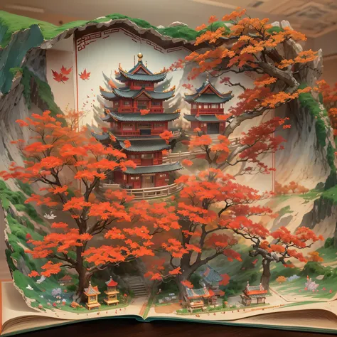 （pop up book：1.5）， Cutting style：On a cold winter night，A traditional Chinese village is hosting a grand New Year fireworks display。Red maple，rolling hill quality，4K，8K，A high resolution，tmasterpiece：1.2），ultradetailed，（realistically，照片realistically，photor...