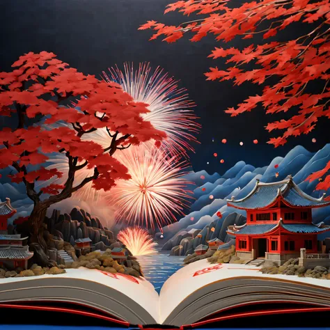 （pop up book：1.5）， Cutting style：A traditional Chinese village is hosting a grand New Year fireworks display。On a cold winter night，Red maple，rolling hill quality，4K，8K，A high resolution，tmasterpiece：1.2），ultradetailed，（realistically，照片realistically，photor...